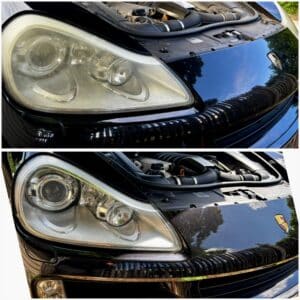 Restauration de phare avant/après sur Porsche Cayenne noir. La lentille terne et oxydée devient parfaitement claire et brillante après polissage.