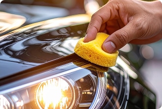 Application de Cire Voiture : Lustrer la Carrosserie Brillante Main appliquant de la cire ou du produit d'entretien avec une éponge jaune sur la peinture noire brillante d'une voiture, près d'un phare allumé.