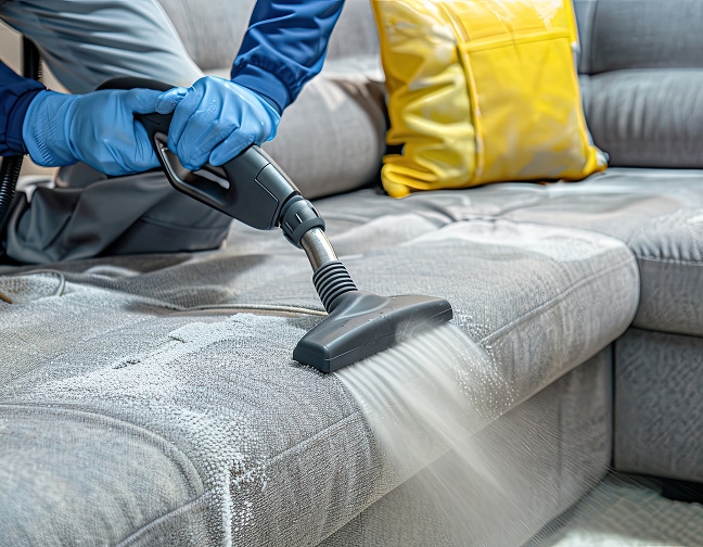 Nettoyage professionnel de canapé : aspiration de mousse Professionnel avec gants bleus nettoyant un canapé gris en tissu, appliquant un produit poudreux puis aspirant la mousse.