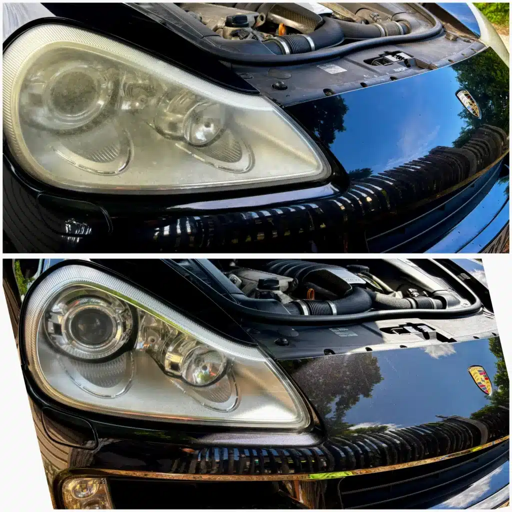 Restauration spectaculaire de phares Porsche : avant/après. Restauration de phare Porsche Cayenne noir, avant/après. Le phare oxydé redevient cristallin; la carrosserie brille après polissage.