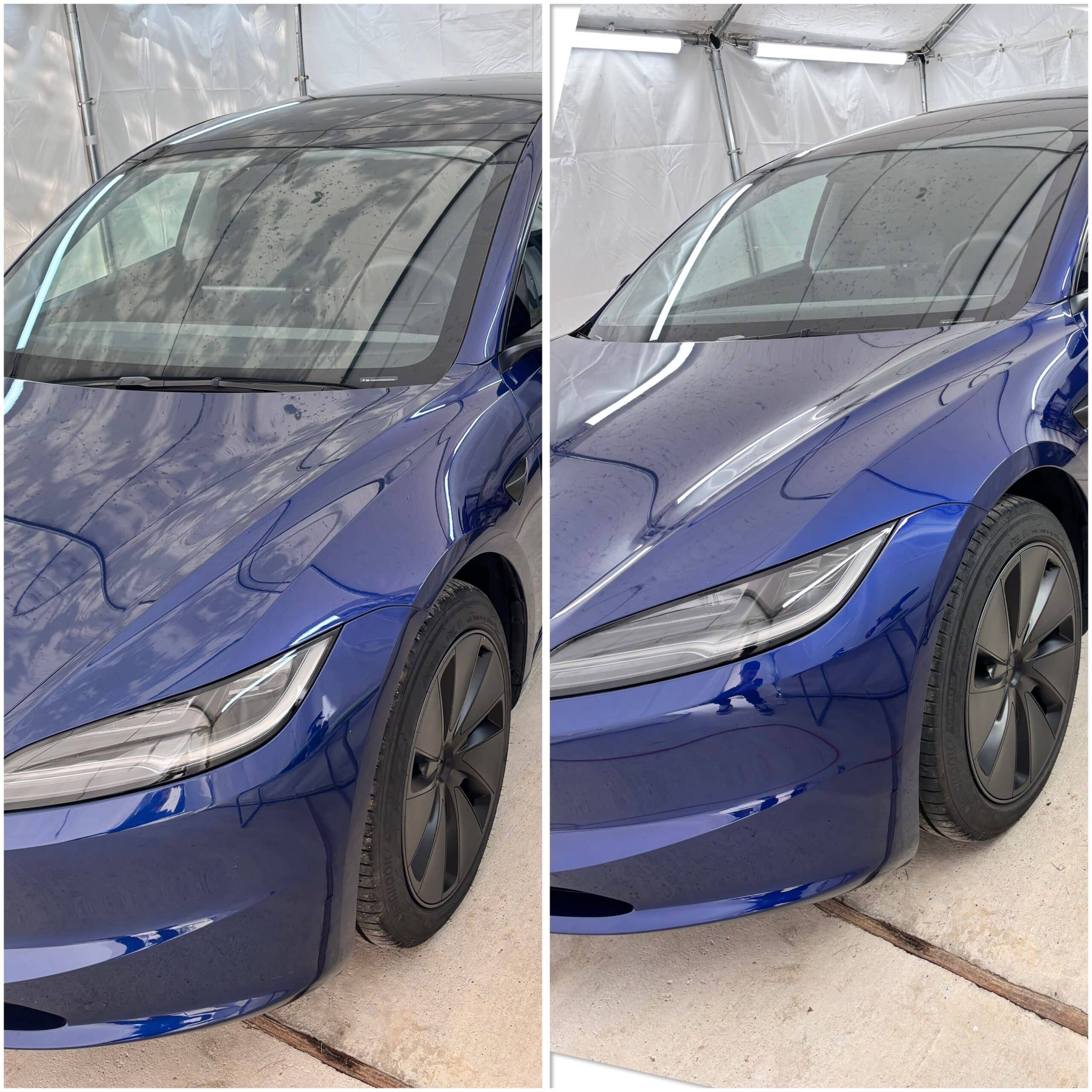 Tesla Model 3 bleue en studio de detailing : comparaison avant et après polissage et protection de la carrosserie.