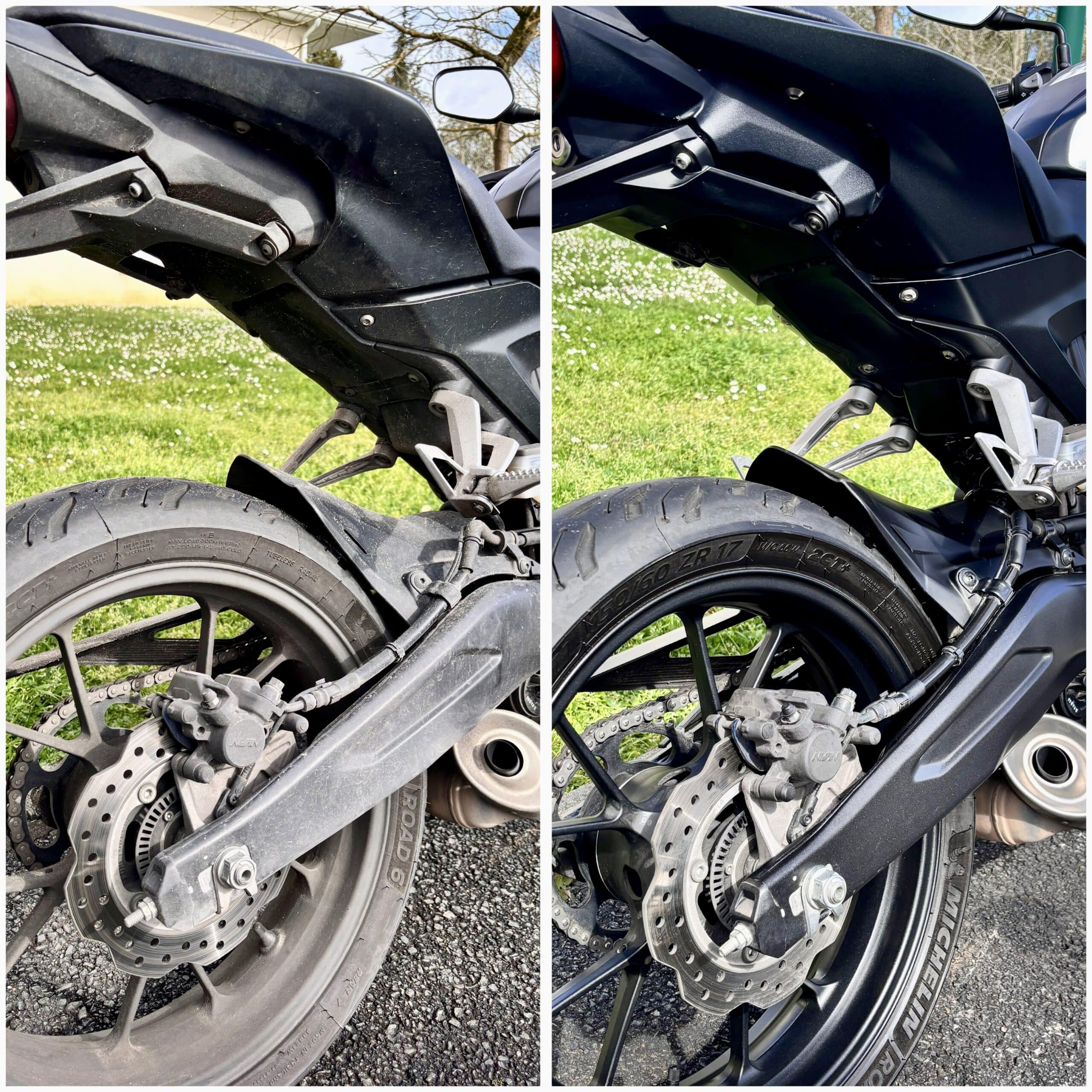 Avant-après detailing moto : roue arrière, pneu Michelin Road 6 et bras oscillant noir parfaitement nettoyés.