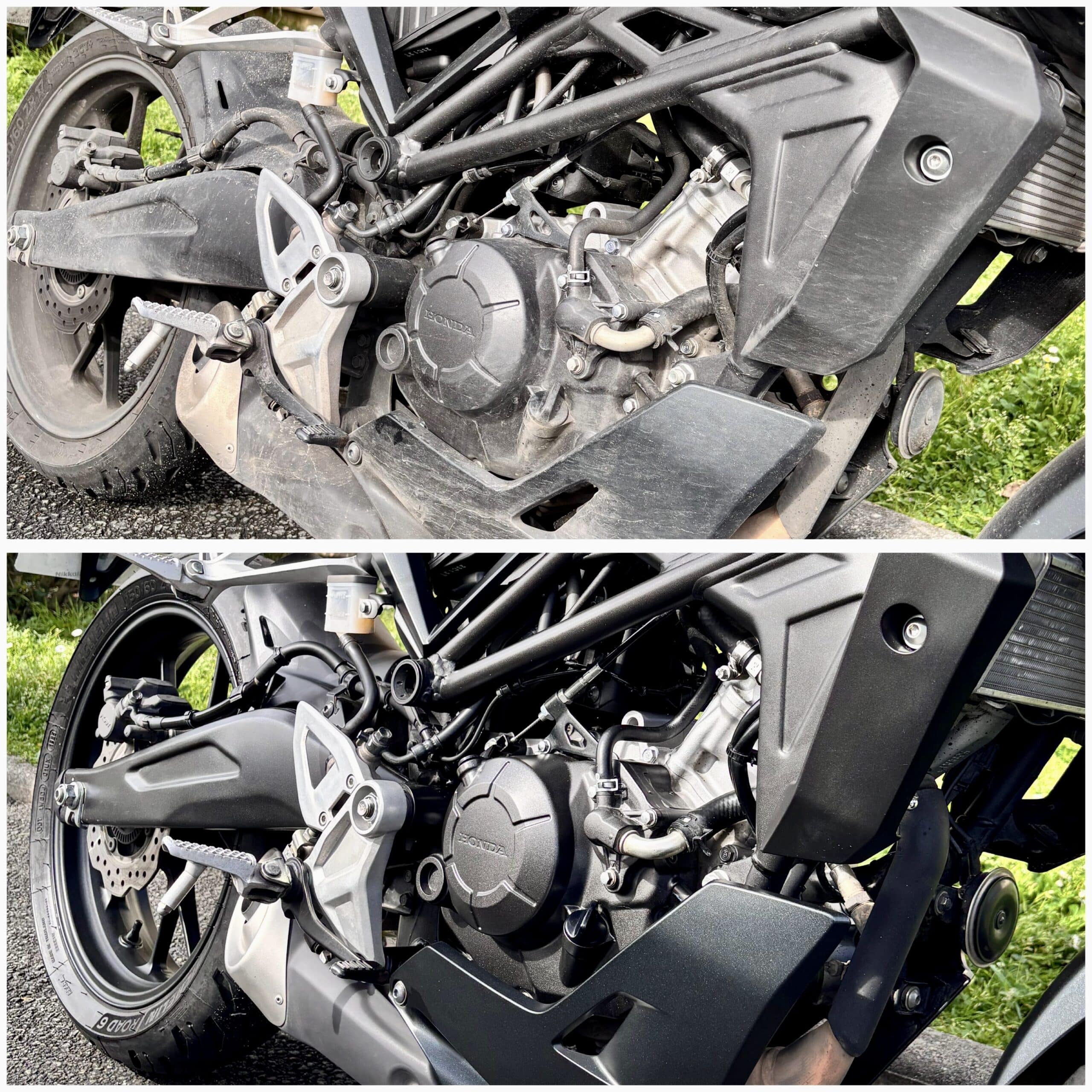 Avant-après nettoyage moteur Honda : décrassage et polissage du cadre noir et des composants mécaniques.