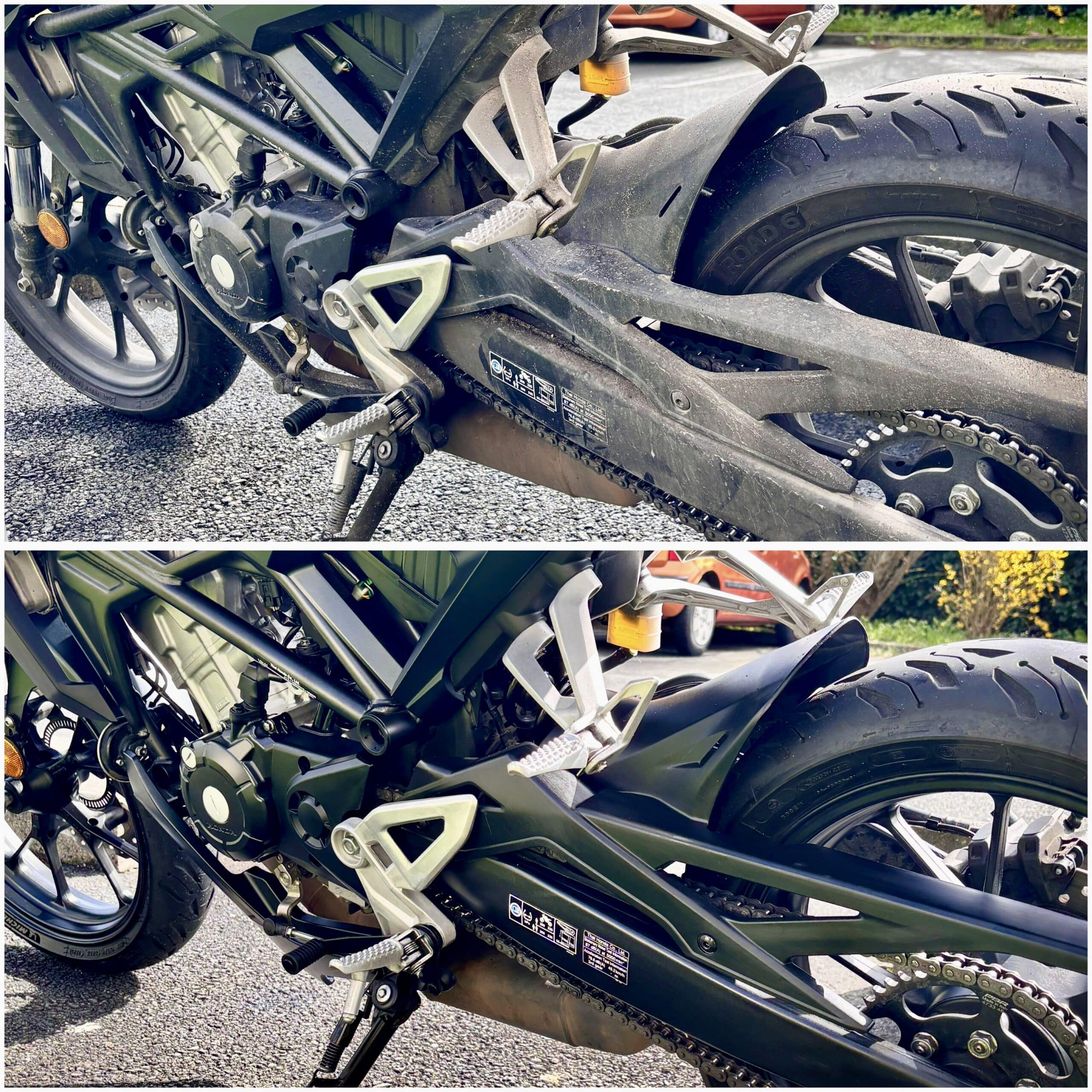 Avant et après nettoyage complet d'une moto Honda : cadre noir, bras oscillant et chaîne dégraissés, pneus Michelin Road 6.