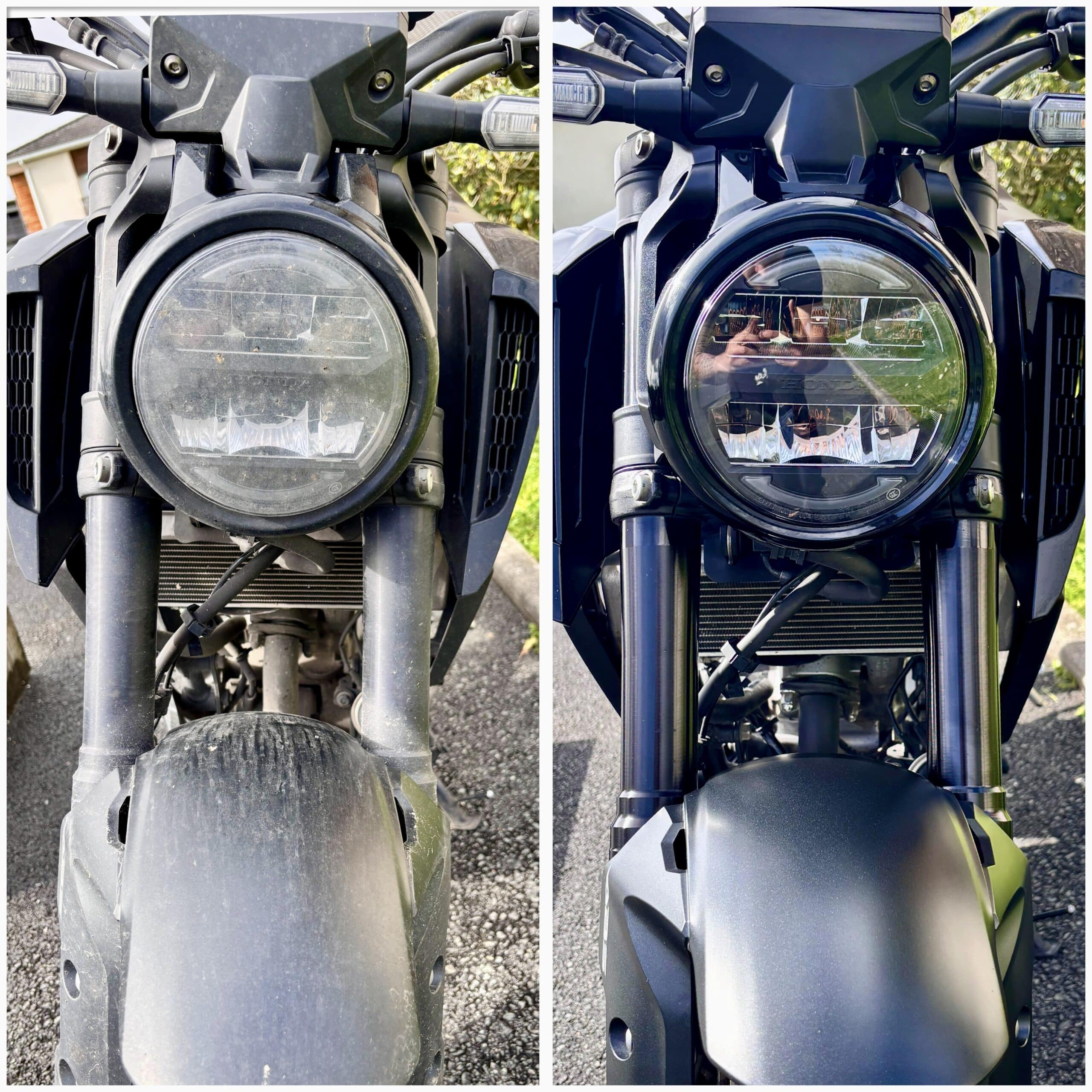 Comparaison avant-après du nettoyage d'une moto Honda noire montrant le phare et le garde-boue rutilants après entretien.