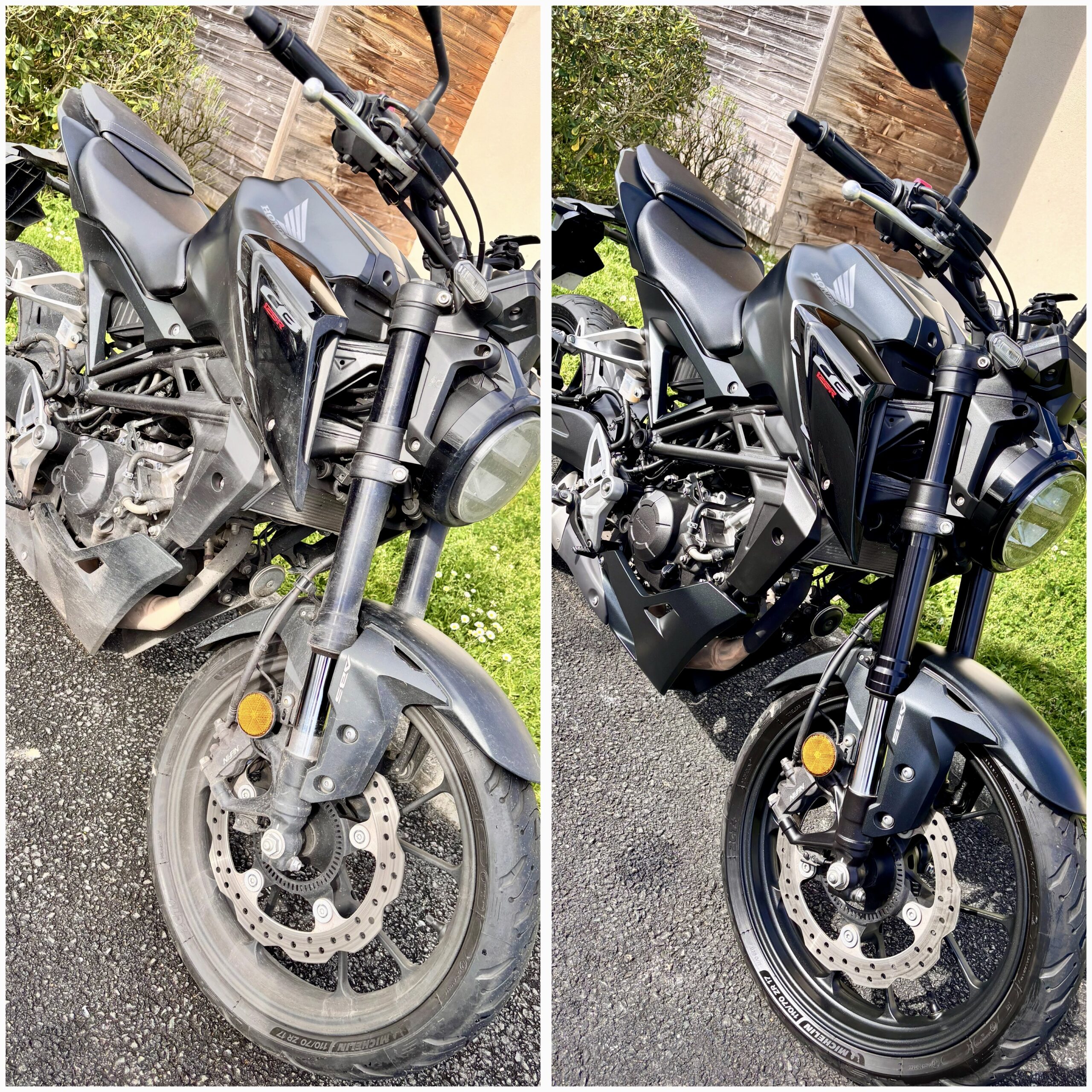 Avant après du nettoyage d'une moto Honda CB125R noire, montrant la suppression de la poussière et de la boue.