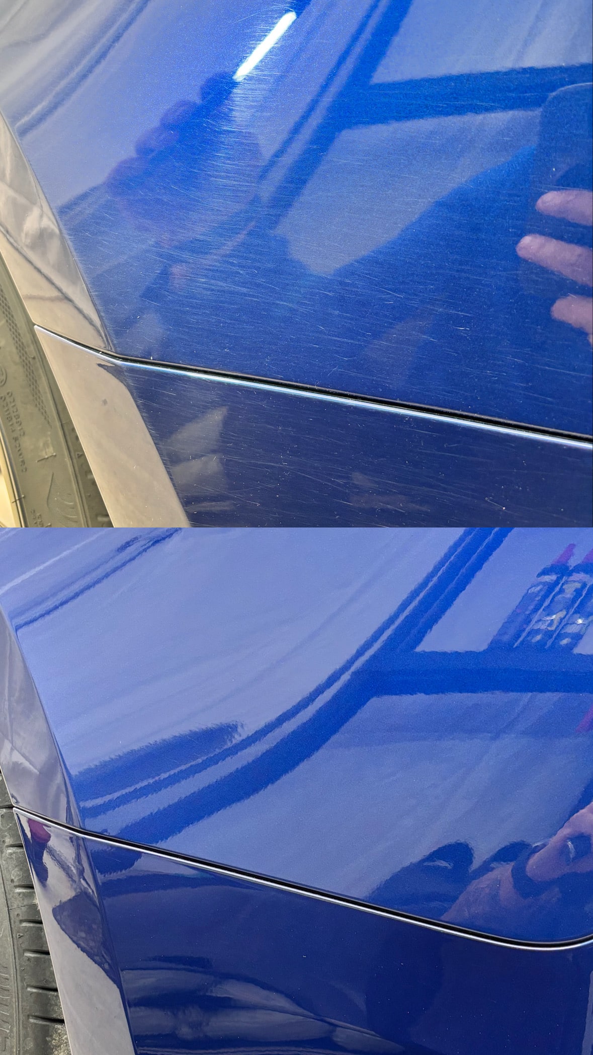 Avant et après le polissage d'une carrosserie bleue : élimination des micro-rayures pour un fini miroir éclatant.